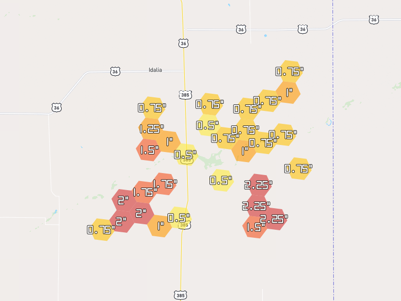 Hail map of Idalia, CO on Jul 1, 2026, hail up to 2.25"