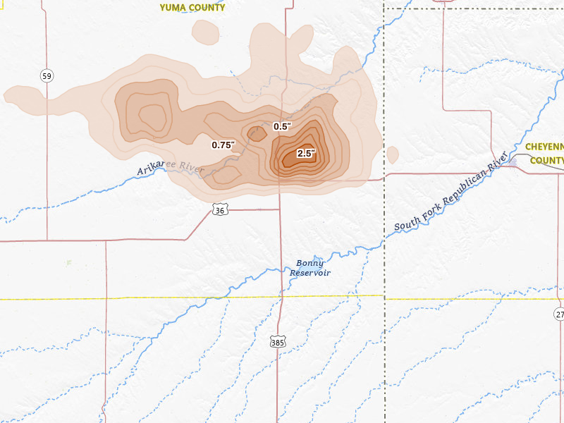 Radar-estimated hail-size map of the storm over Idalia, CO on Jul 2, 2026