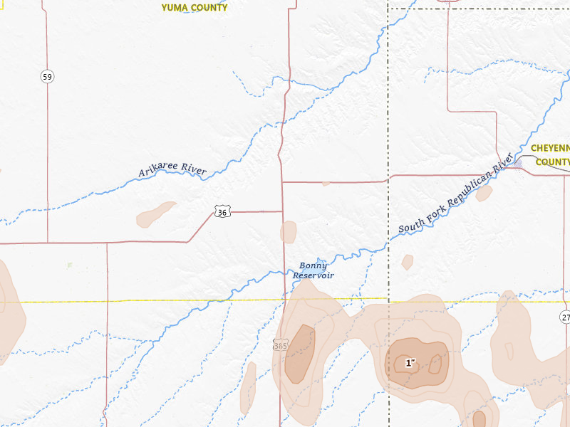 Radar-estimated hail-size map of the storm over Idalia, CO on Jul 3, 2026