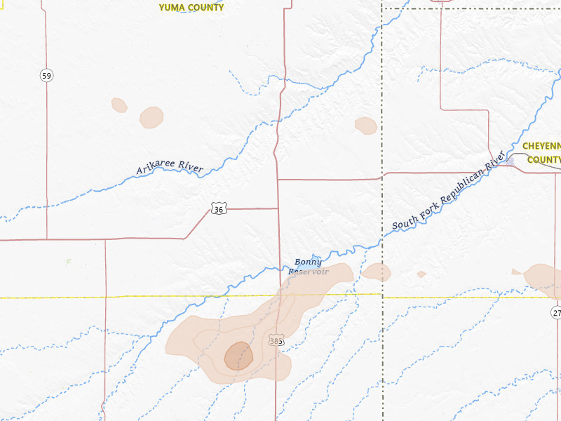 Radar-estimated hail-size map of the storm over Idalia, CO on Jul 9, 2026