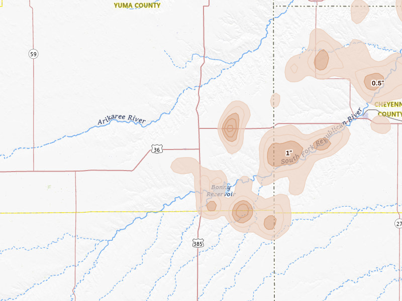 Radar-estimated hail-size map of the storm over Idalia, CO on Jul 27, 2026