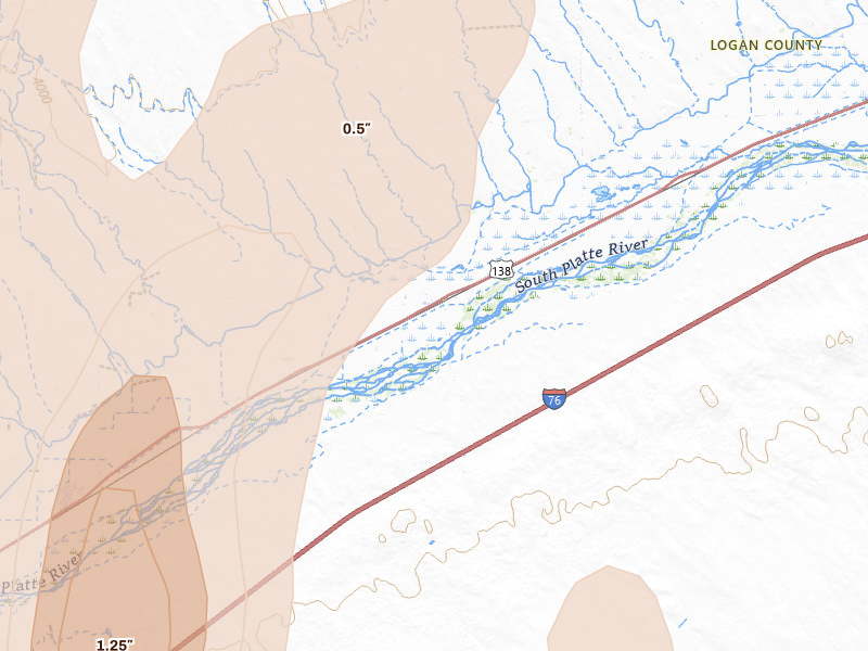 Radar-estimated hail-size map of the storm over Iliff, CO on May 16, 2026