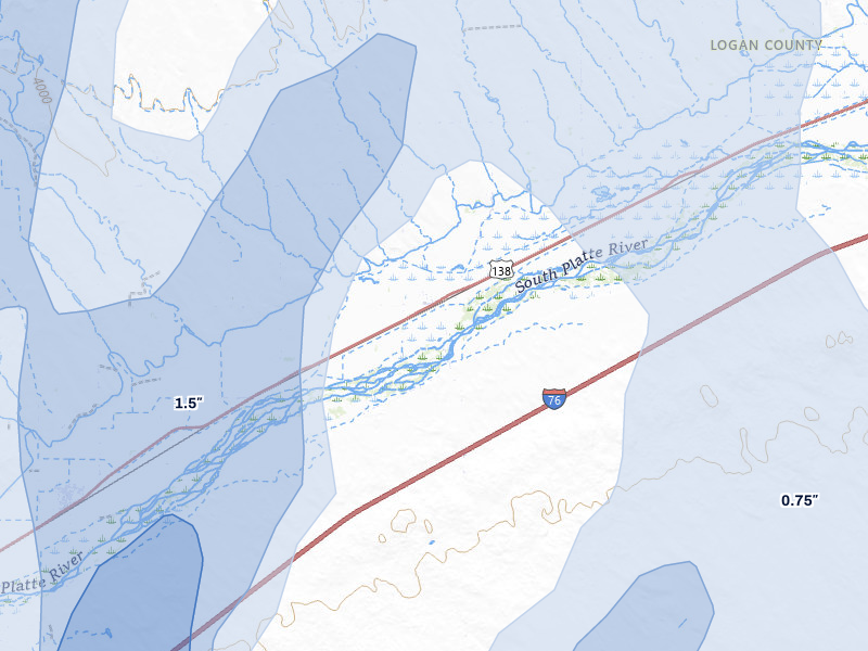NEXRAD radar-signature map of the hail storm over Iliff, CO on May 16, 2026