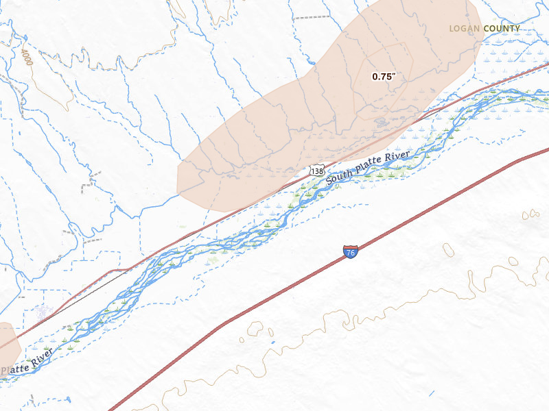 Radar-estimated hail-size map of the storm over Iliff, CO on Jun 8, 2026