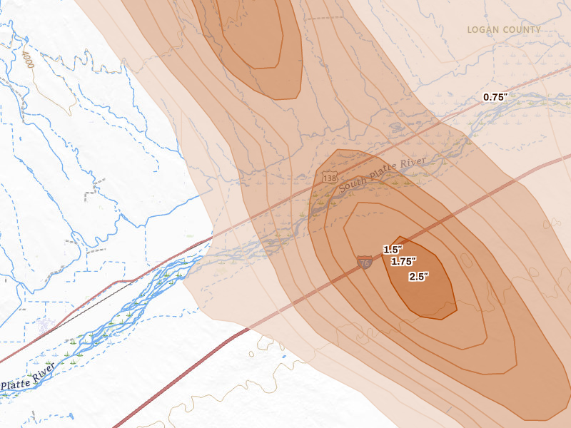 Radar-estimated hail-size map of the storm over Iliff, CO on Jun 24, 2026