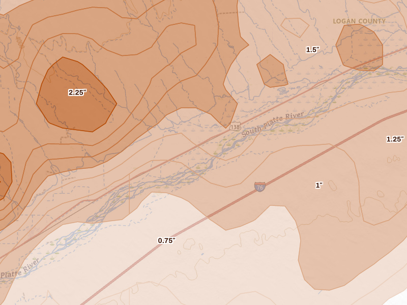 Radar-estimated hail-size map of the storm over Iliff, CO on Jun 30, 2026