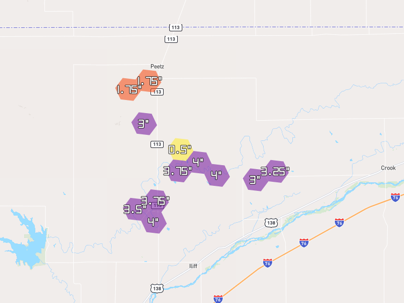 Hail map of Iliff, CO on Jul 1, 2026, hail up to 4"