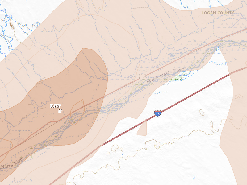 Radar-estimated hail-size map of the storm over Iliff, CO on Jul 2, 2026