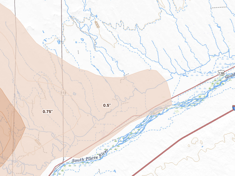 Radar-estimated hail-size map of the storm over Iliff, CO on Aug 12, 2026