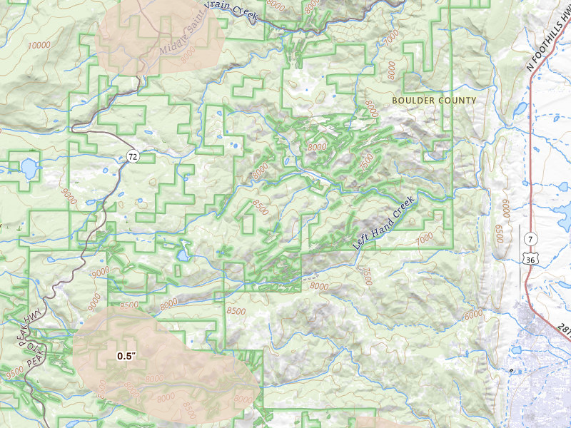 Radar-estimated hail-size map of the storm over Jamestown, CO on Jul 24, 2026
