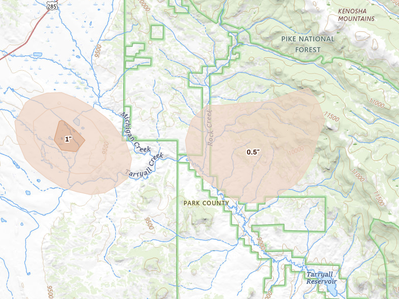 Radar-estimated hail-size map of the storm over Jefferson, CO on Aug 20, 2026