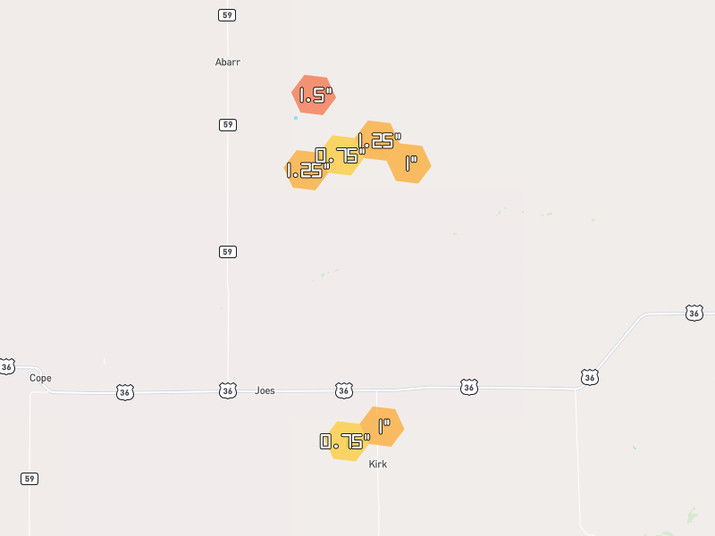 Hail map of Joes, CO on Jun 9, 2026, hail up to 1.5"