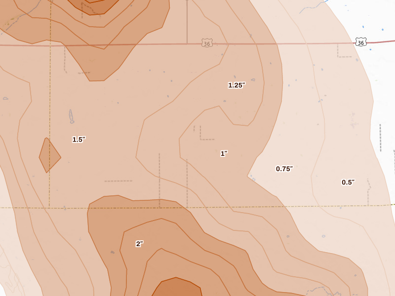 Radar-estimated hail-size map of the storm over Joes, CO on Jun 22, 2026