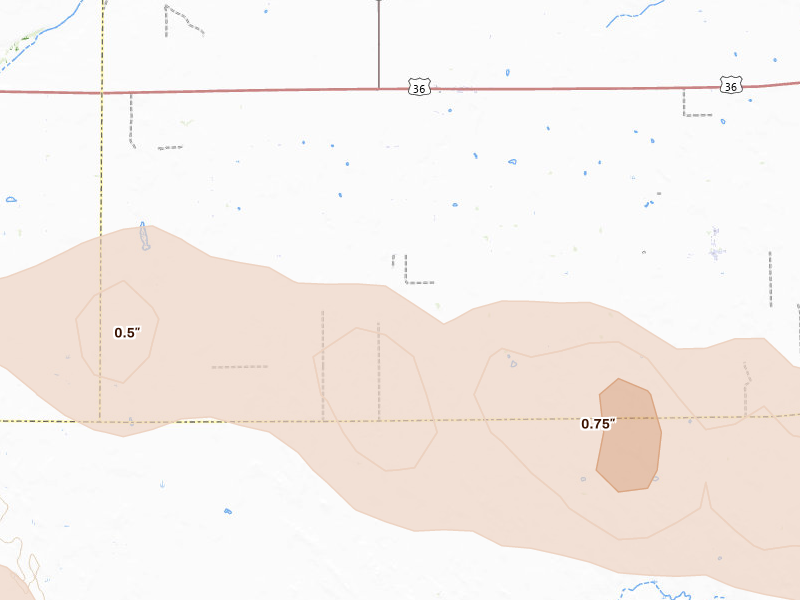 Radar-estimated hail-size map of the storm over Joes, CO on Aug 19, 2026