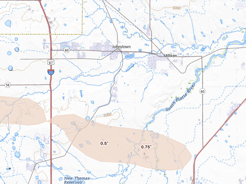 Radar-estimated hail-size map of the storm over Johnstown, CO on Jun 23, 2026