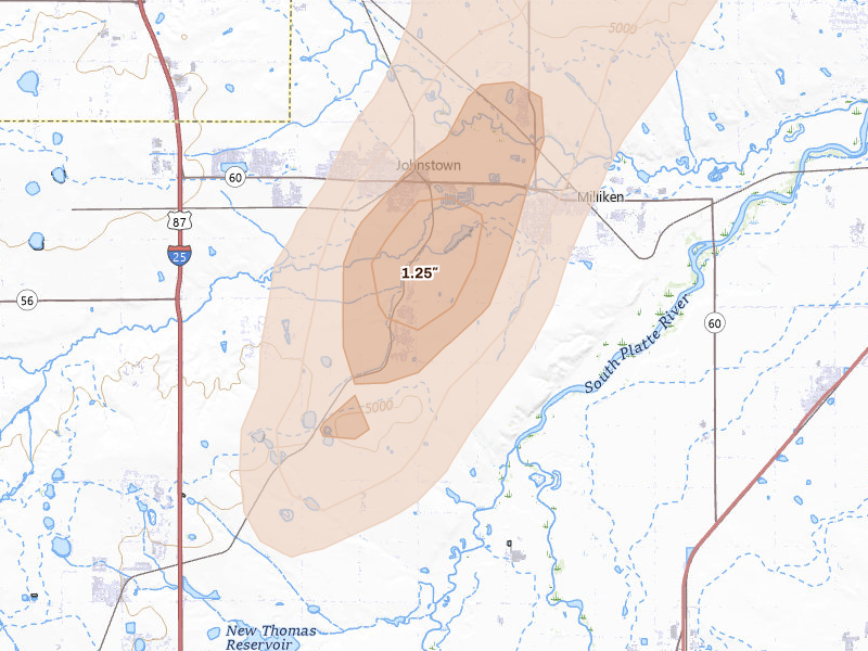 Radar-estimated hail-size map of the storm over Johnstown, CO on Jul 1, 2026