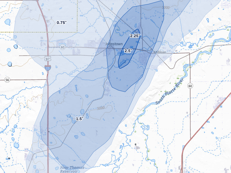 NEXRAD radar-signature map of the hail storm over Johnstown, CO on Jul 1, 2026