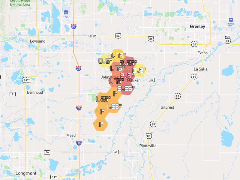 Hail map of Johnstown, CO on Jul 2, 2026, hail up to 2.5"