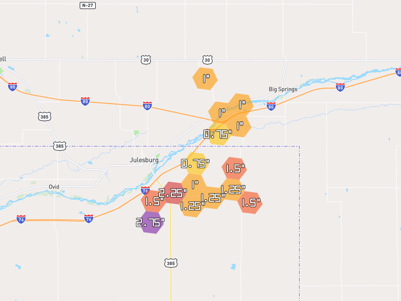 Hail map of Julesburg, CO on Jul 1, 2026, hail up to 2.75"