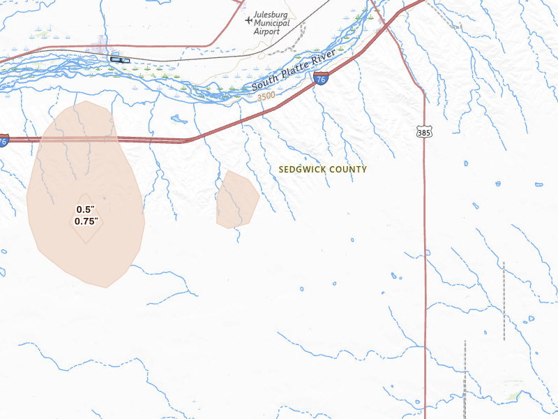 Radar-estimated hail-size map of the storm over Julesburg, CO on Aug 14, 2026