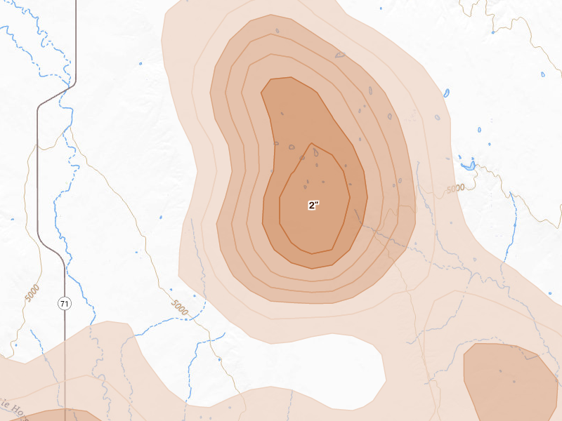 Radar-estimated hail-size map of the storm over Karval, CO on Jul 28, 2026