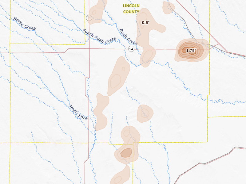 Radar-estimated hail-size map of the storm over Karval, CO on Aug 13, 2026
