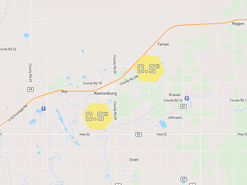 Hail map of Keenesburg, CO on Jun 1, 2026, hail up to 0.5"