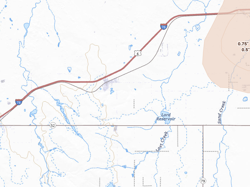 Radar-estimated hail-size map of the storm over Keenesburg, CO on Jul 8, 2026