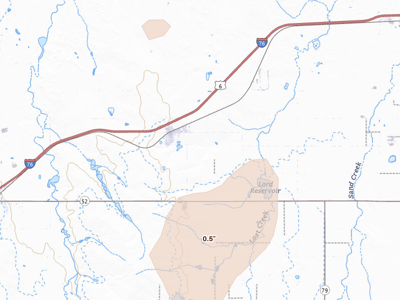 Radar-estimated hail-size map of the storm over Keenesburg, CO on Jul 10, 2026