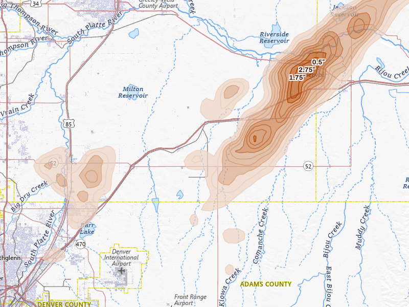 Radar-estimated hail-size map of the storm over Keenesburg, CO on Aug 22, 2026