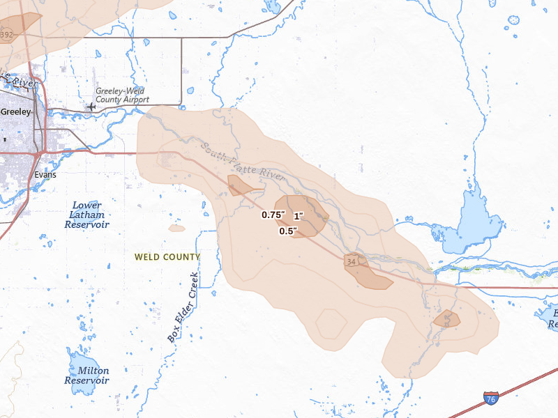 Radar-estimated hail-size map of the storm over Kersey, CO on Jun 20, 2026
