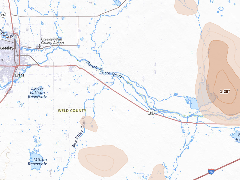 Radar-estimated hail-size map of the storm over Kersey, CO on Jul 8, 2026
