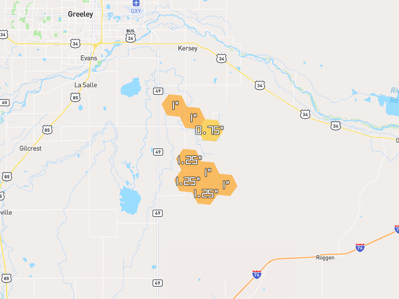 Hail map of Kersey, CO on Jul 8, 2026, hail up to 1.25"