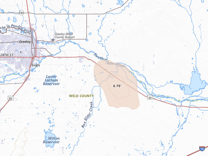 Radar-estimated hail-size map of the storm over Kersey, CO on Aug 16, 2026