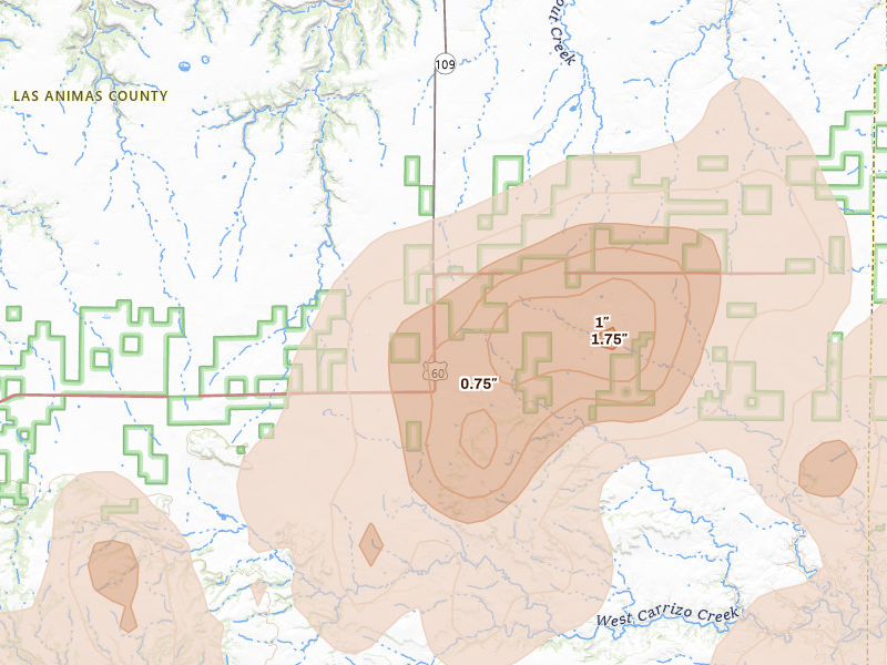Radar-estimated hail-size map of the storm over Kim, CO on Aug 15, 2026