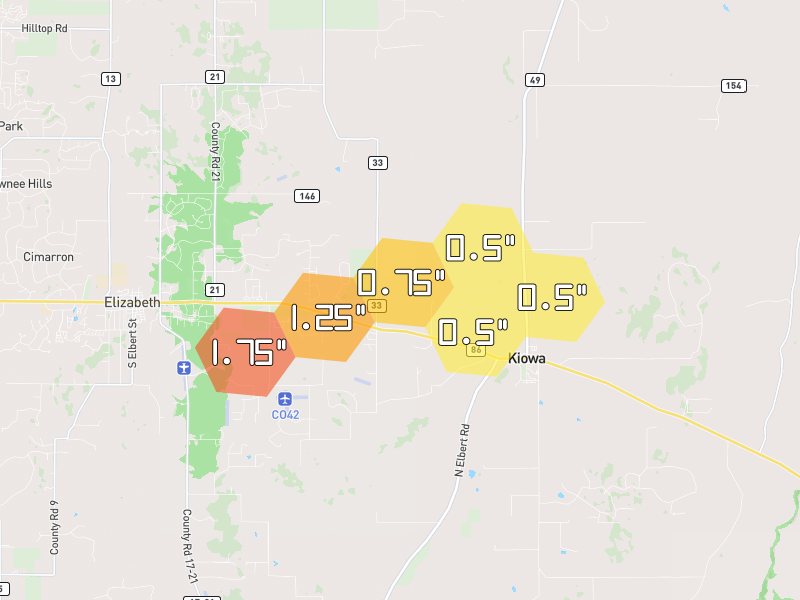 Hail map of Kiowa, CO on Jun 1, 2026, hail up to 1.75"