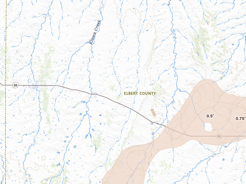 Radar-estimated hail-size map of the storm over Kiowa, CO on Jun 5, 2026