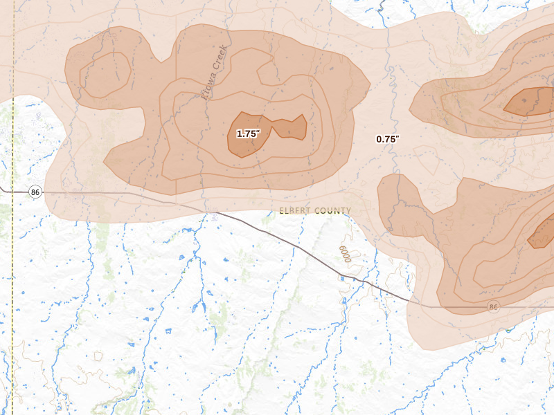 Radar-estimated hail-size map of the storm over Kiowa, CO on Jun 8, 2026