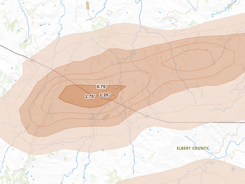 Radar-estimated hail-size map of the storm over Kiowa, CO on Jun 23, 2026