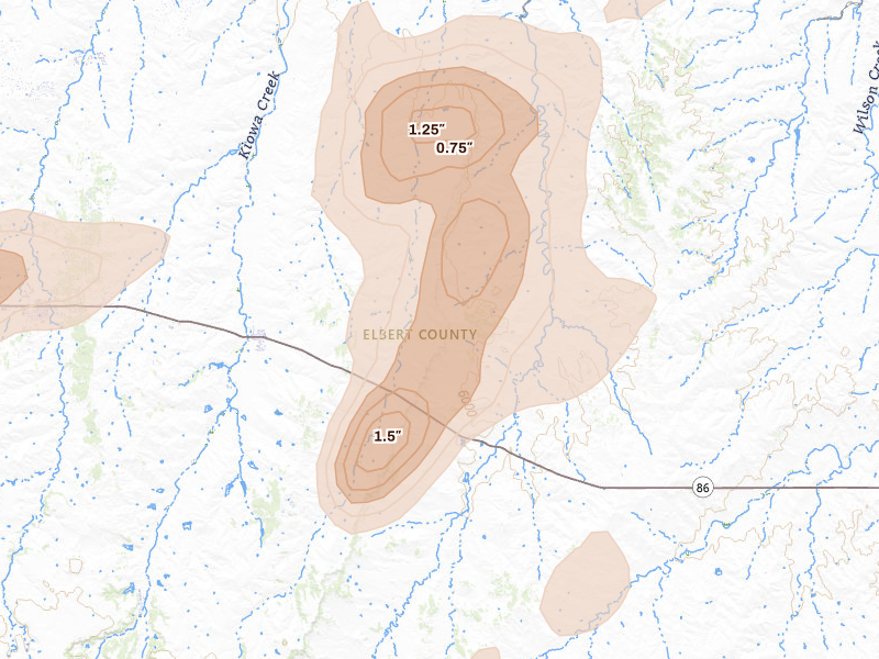 Radar-estimated hail-size map of the storm over Kiowa, CO on Aug 14, 2026