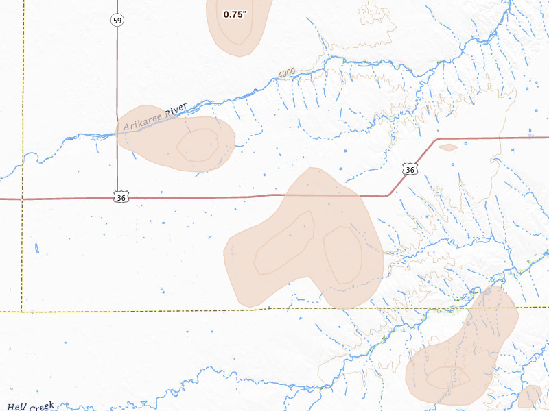 Radar-estimated hail-size map of the storm over Kirk, CO on May 16, 2026
