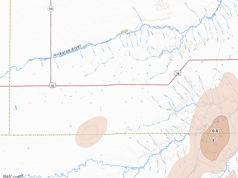Radar-estimated hail-size map of the storm over Kirk, CO on Jun 30, 2026