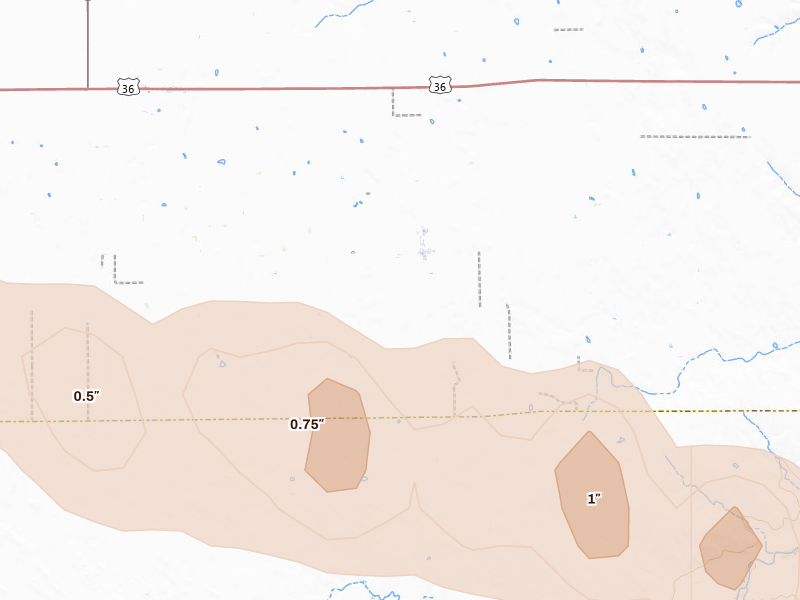 Radar-estimated hail-size map of the storm over Kirk, CO on Aug 19, 2026