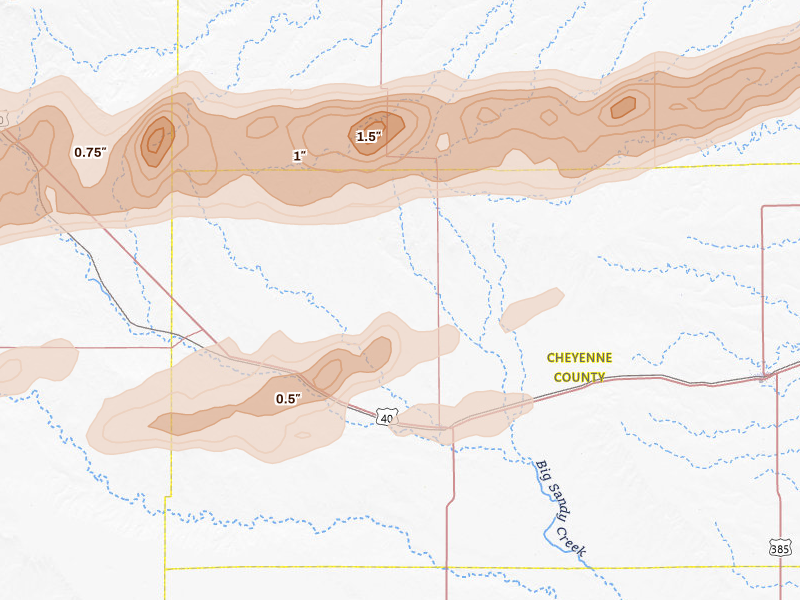 Radar-estimated hail-size map of the storm over Kit Carson, CO on Jun 8, 2026
