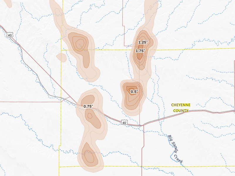 Radar-estimated hail-size map of the storm over Kit Carson, CO on Aug 21, 2026