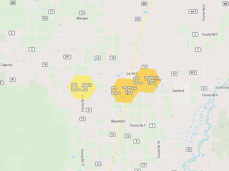 Hail map of La Jara, CO on Jul 28, 2026, hail up to 0.75"