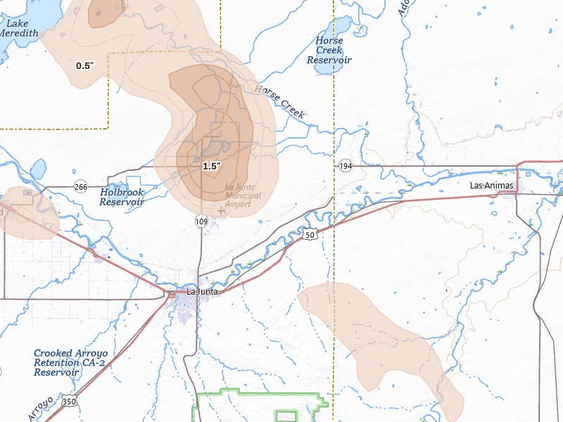 Radar-estimated hail-size map of the storm over La Junta, CO on Jul 8, 2026