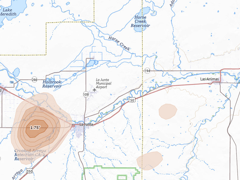 Radar-estimated hail-size map of the storm over La Junta, CO on Jul 10, 2026
