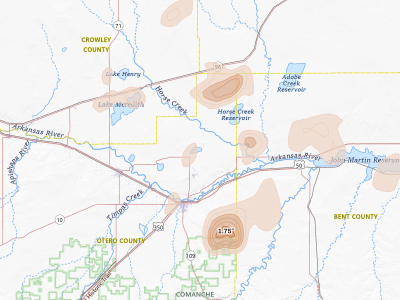Radar-estimated hail-size map of the storm over La Junta, CO on Aug 13, 2026