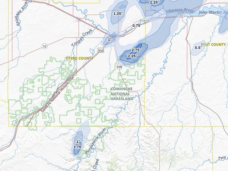 NEXRAD radar-signature map of the hail storm over La Junta, CO on Aug 13, 2026